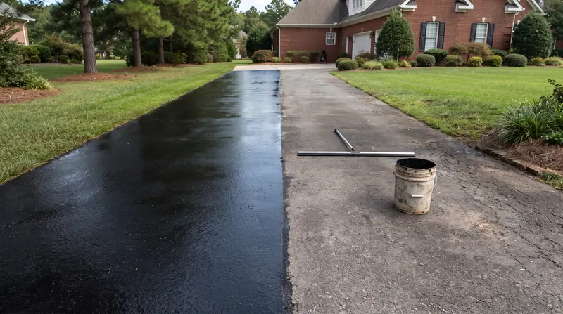Driveway half sealcoated, glossy black on one side and faded gray on the other, with a squeegee and bucket