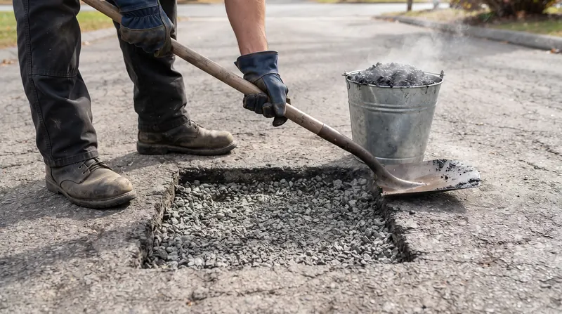 Pothole saw-cut into a square with the gravel base exposed, a worker shoveling hot asphalt from a bucket